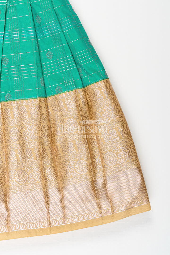 Girls Frocks Designs in Green Semi Kanchivaram Silk with Thread Embroidery and Lace Dupatta