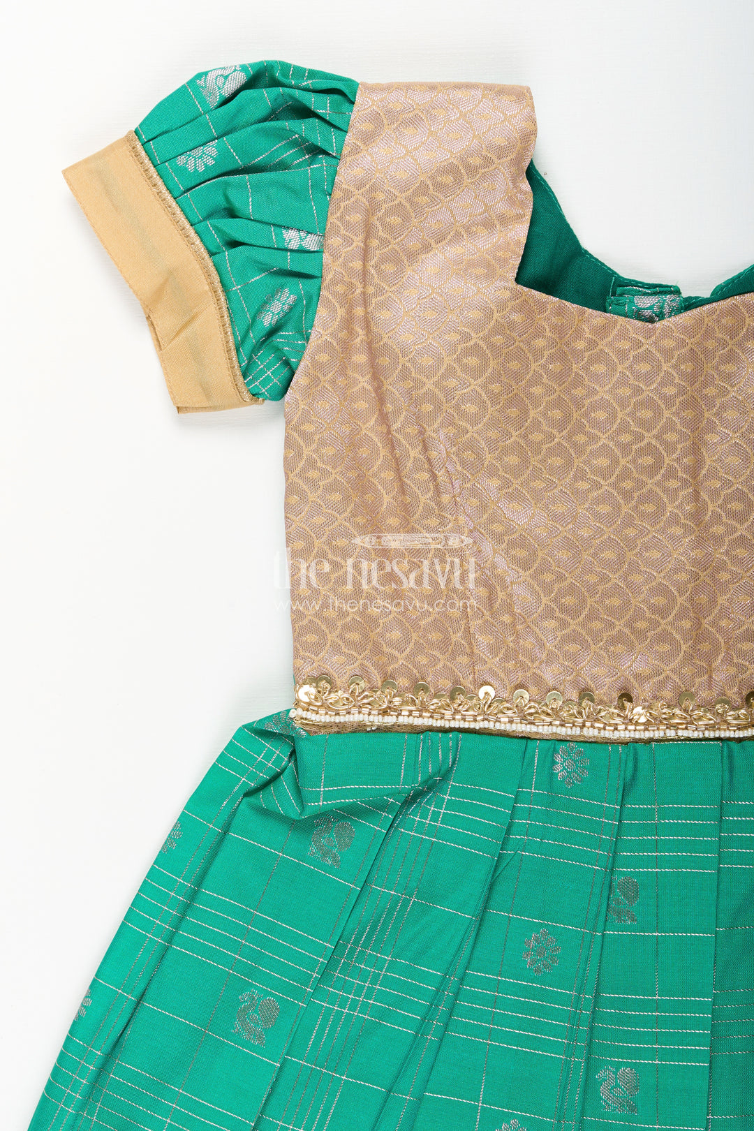 Girls Frocks Designs in Green Semi Kanchivaram Silk with Thread Embroidery and Lace Dupatta