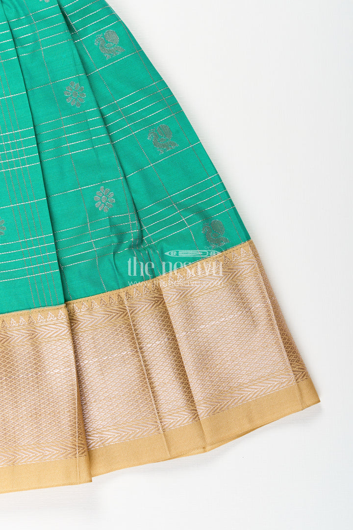 Girls Frocks Designs in Green Semi Kanchivaram Silk with Thread Embroidery and Lace Dupatta