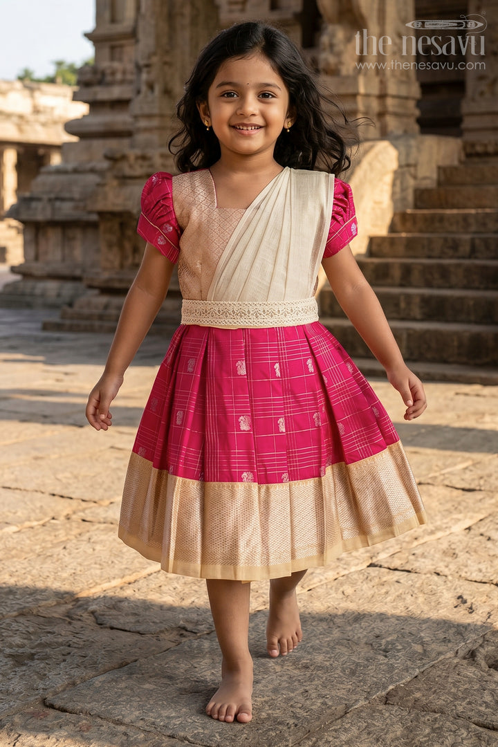 Girls Indian Frock in Semi Kanchivaram Silk with Thread Embroidery and Lace Embellished Dupatta