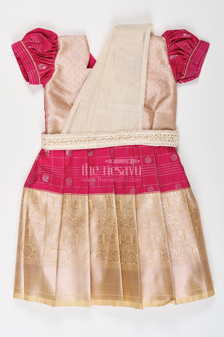 Girls Indian Frock in Semi Kanchivaram Silk with Thread Embroidery and Lace Embellished Dupatta