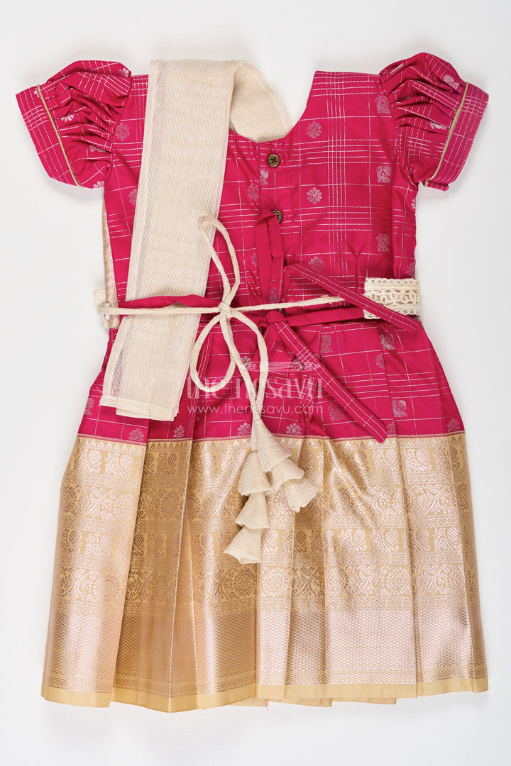 Girls Indian Frock in Semi Kanchivaram Silk with Thread Embroidery and Lace Embellished Dupatta
