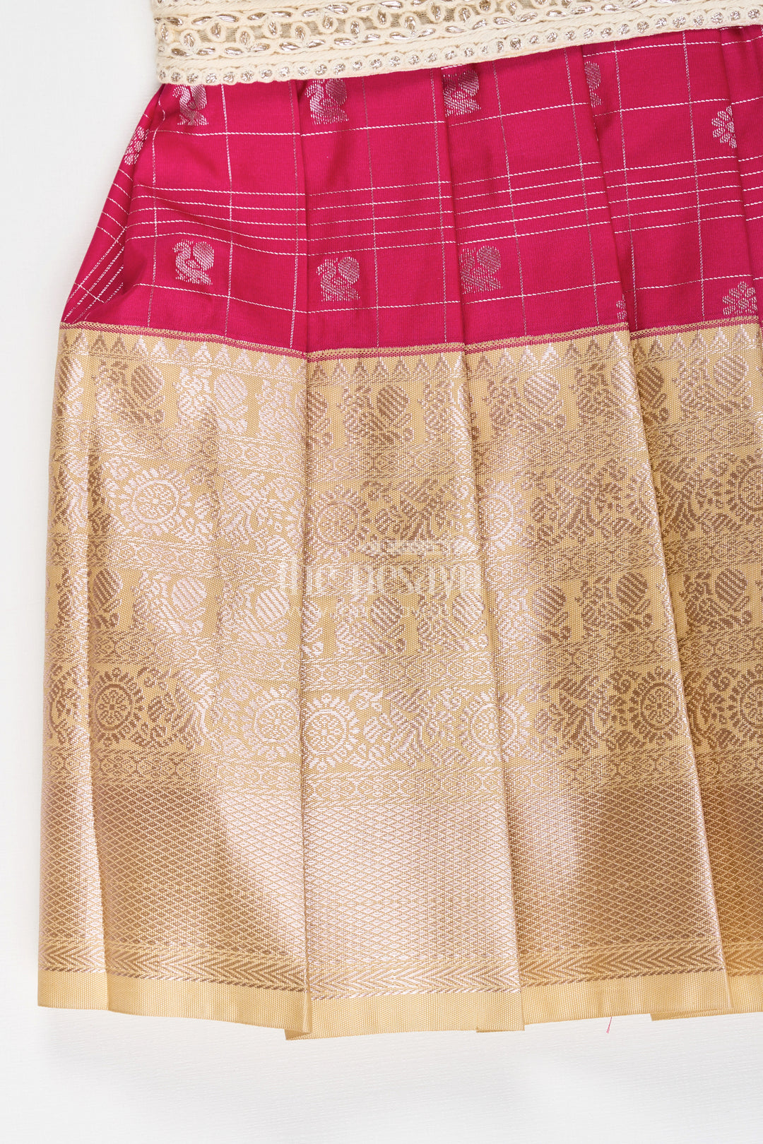 Girls Indian Frock in Semi Kanchivaram Silk with Thread Embroidery and Lace Embellished Dupatta