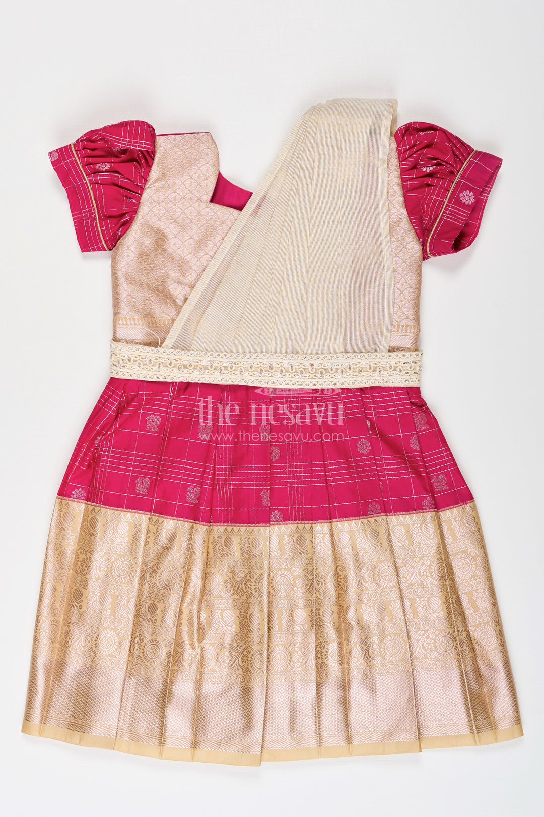 Girls Indian Frock in Semi Kanchivaram Silk with Thread Embroidery and Lace Embellished Dupatta