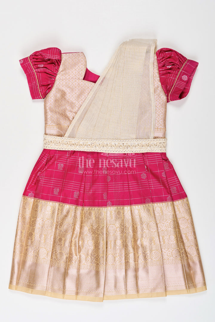 Girls Indian Frock in Semi Kanchivaram Silk with Thread Embroidery and Lace Embellished Dupatta