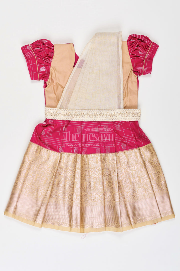 Girls Indian Frock in Semi Kanchivaram Silk with Thread Embroidery and Lace Embellished Dupatta