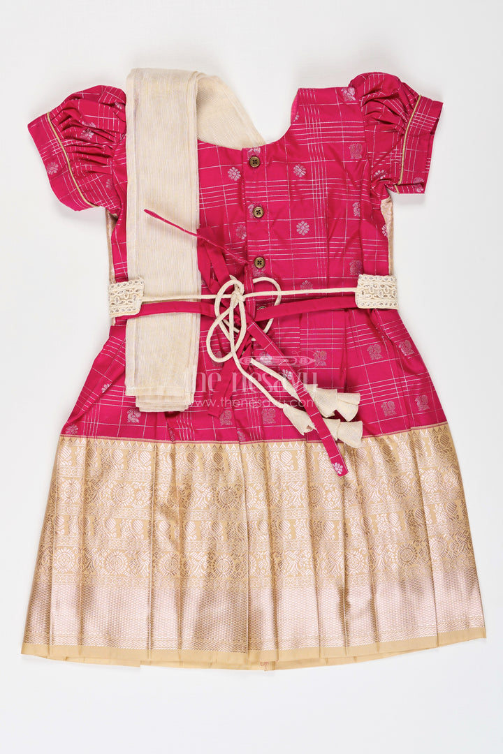 Girls Indian Frock in Semi Kanchivaram Silk with Thread Embroidery and Lace Embellished Dupatta