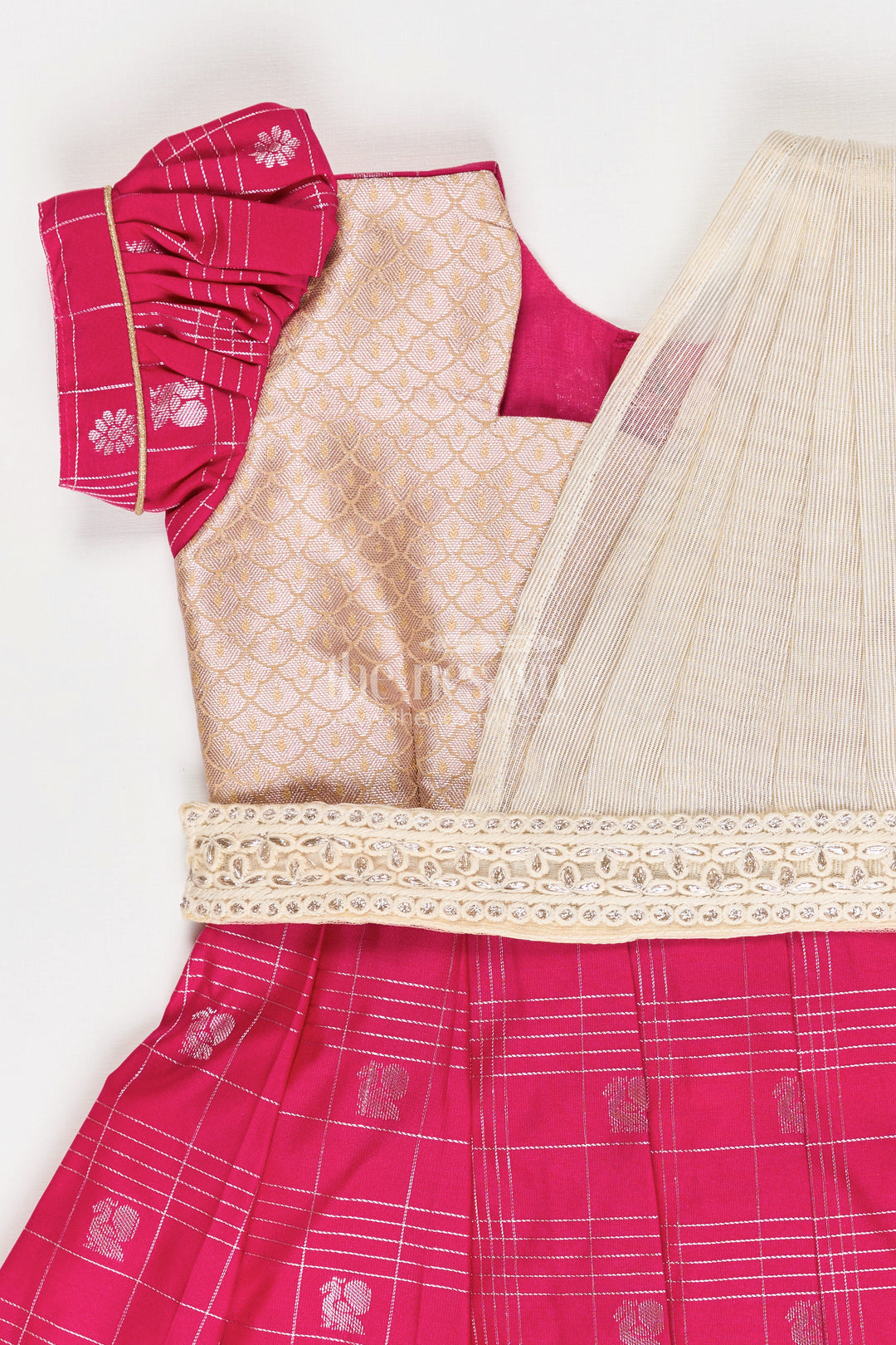 Girls Indian Frock in Semi Kanchivaram Silk with Thread Embroidery and Lace Embellished Dupatta