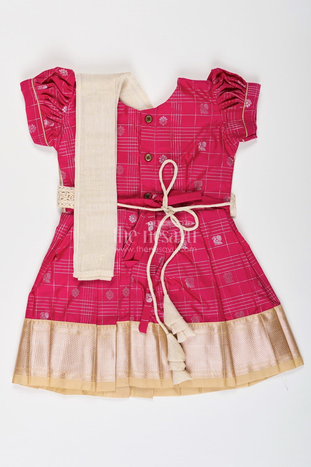 Girls Indian Frock in Semi Kanchivaram Silk with Thread Embroidery and Lace Embellished Dupatta