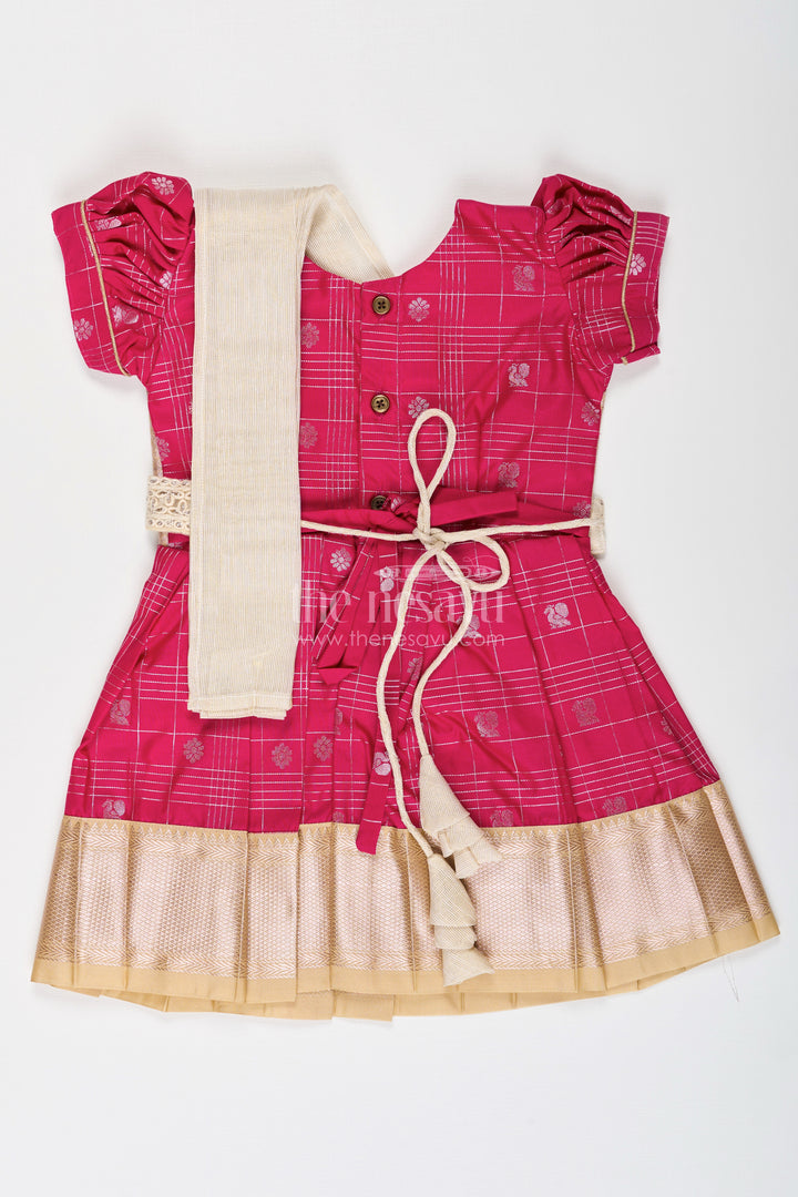 Girls Indian Frock in Semi Kanchivaram Silk with Thread Embroidery and Lace Embellished Dupatta