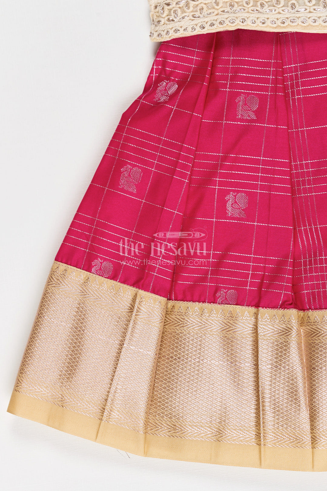 Girls Indian Frock in Semi Kanchivaram Silk with Thread Embroidery and Lace Embellished Dupatta