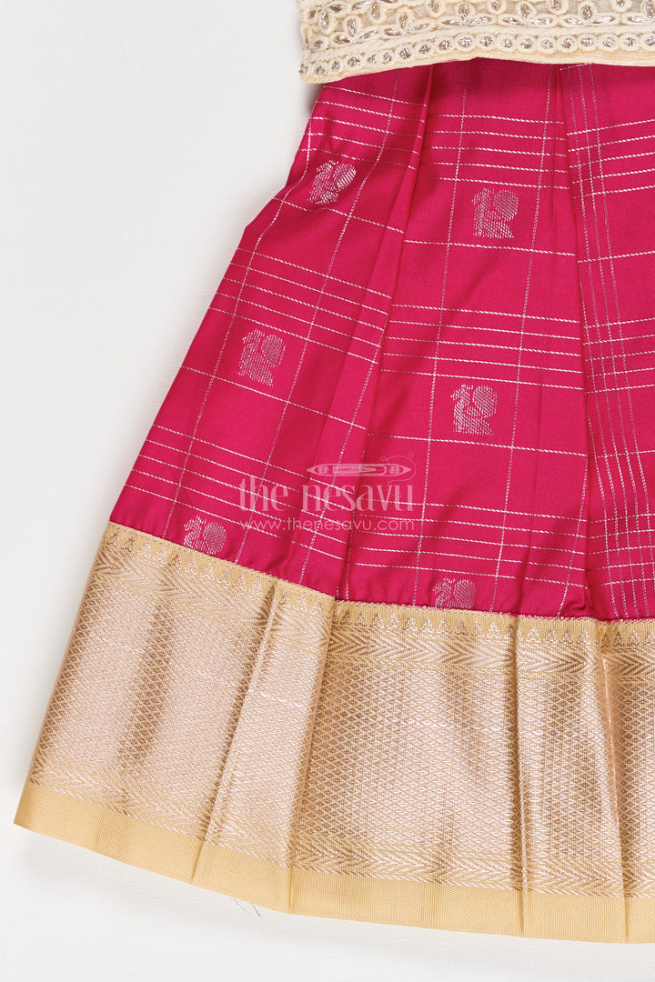 Girls Indian Frock in Semi Kanchivaram Silk with Thread Embroidery and Lace Embellished Dupatta
