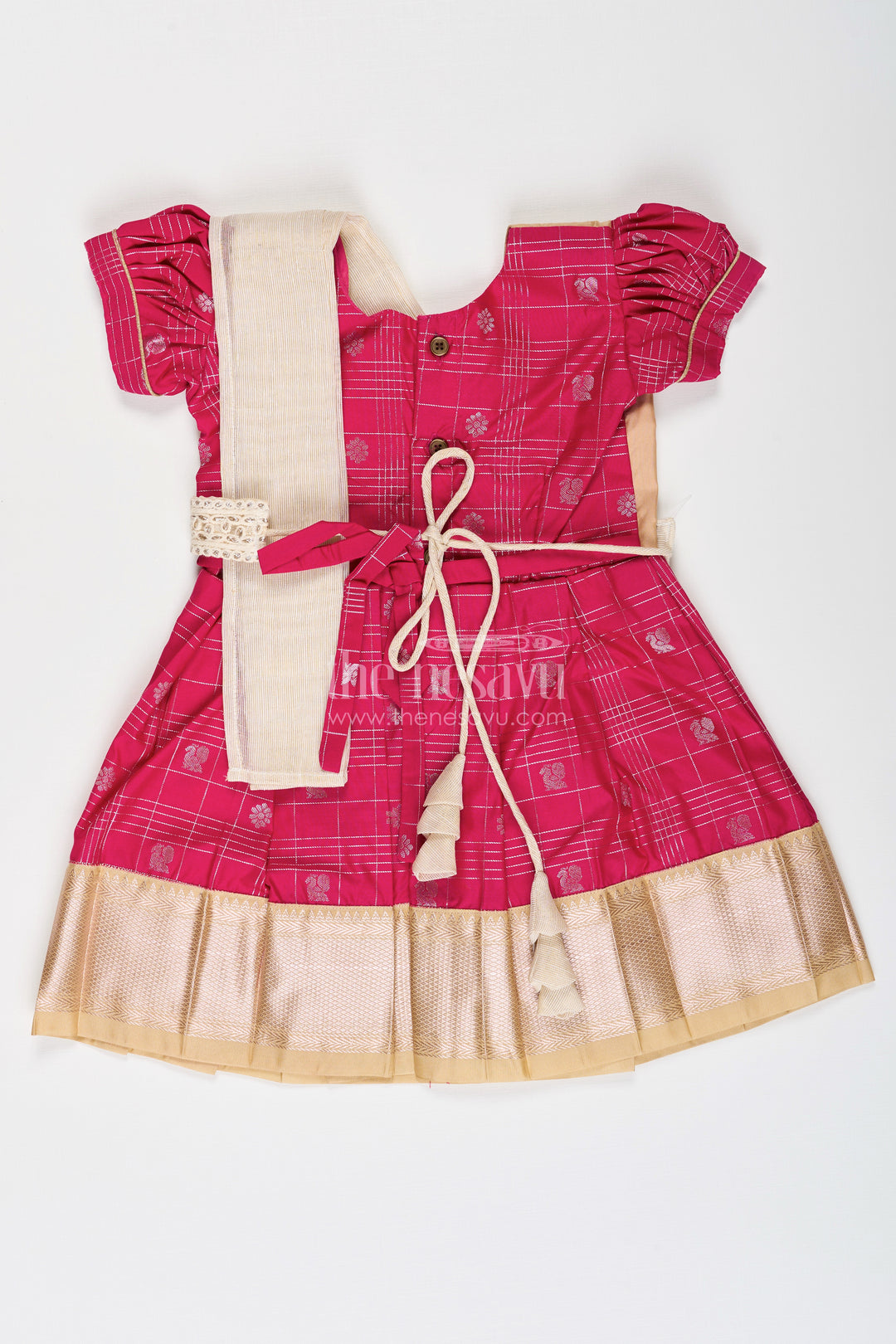 Girls Indian Frock in Semi Kanchivaram Silk with Thread Embroidery and Lace Embellished Dupatta
