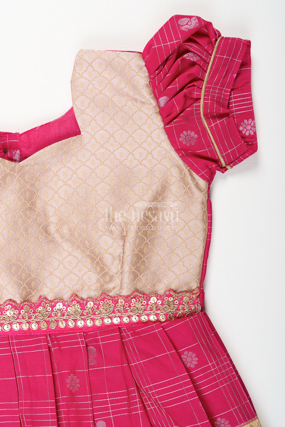Girls Indian Frock in Semi Kanchivaram Silk with Thread Embroidery and Lace Embellished Dupatta