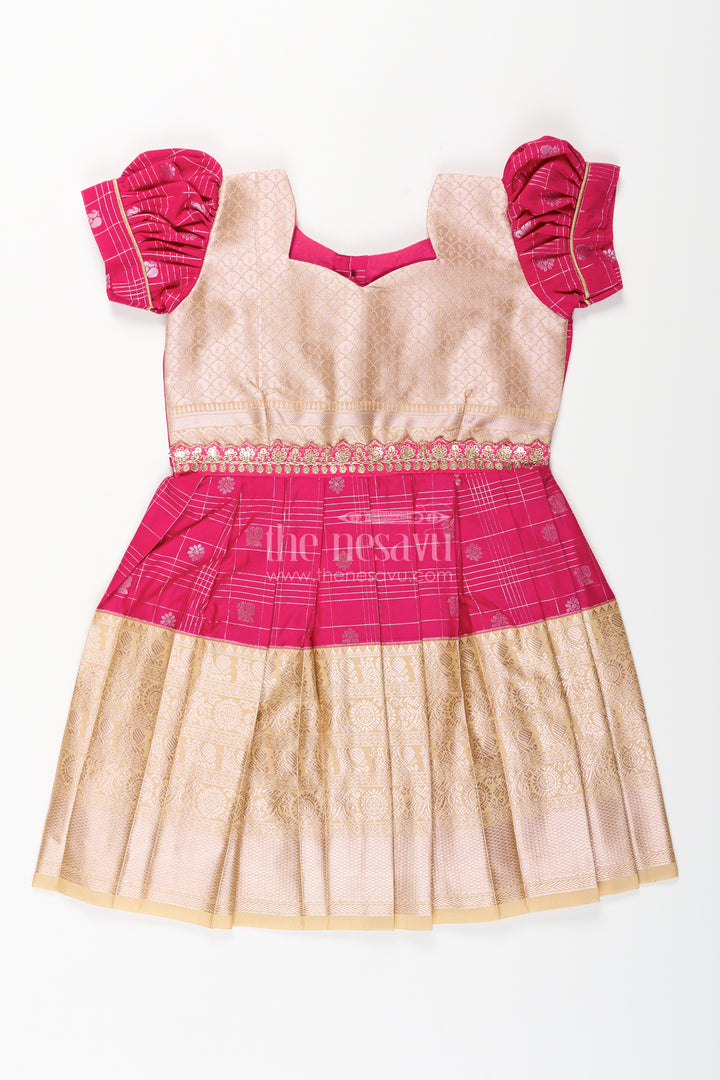 Girls Indian Frock in Semi Kanchivaram Silk with Thread Embroidery and Lace Embellished Dupatta