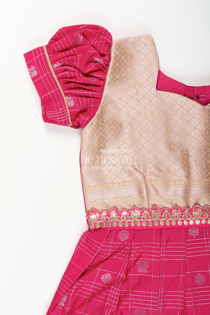 Girls Indian Frock in Semi Kanchivaram Silk with Thread Embroidery and Lace Embellished Dupatta