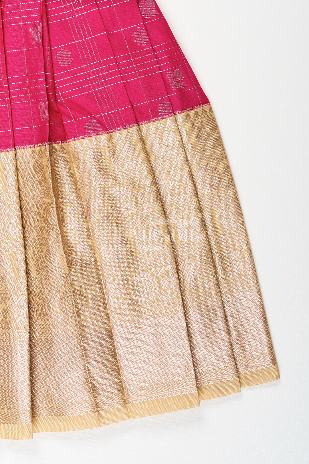 Girls Indian Frock in Semi Kanchivaram Silk with Thread Embroidery and Lace Embellished Dupatta