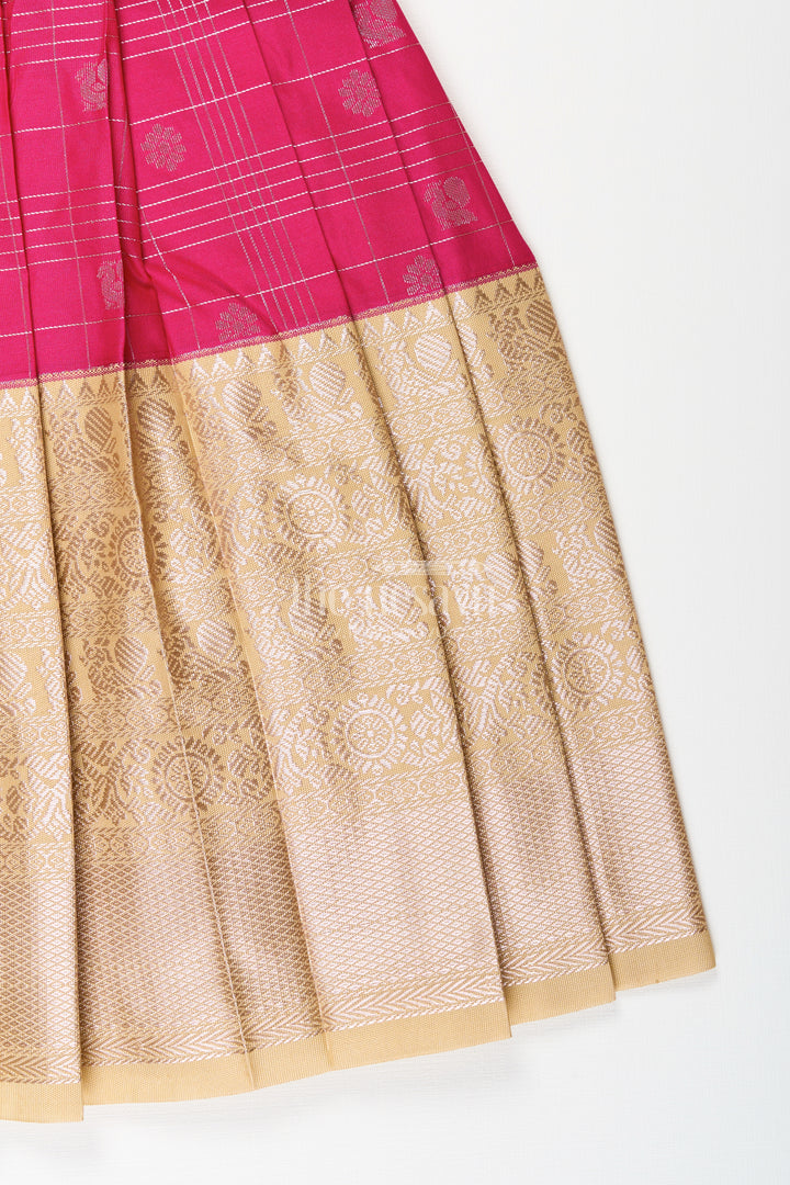 Girls Indian Frock in Semi Kanchivaram Silk with Thread Embroidery and Lace Embellished Dupatta