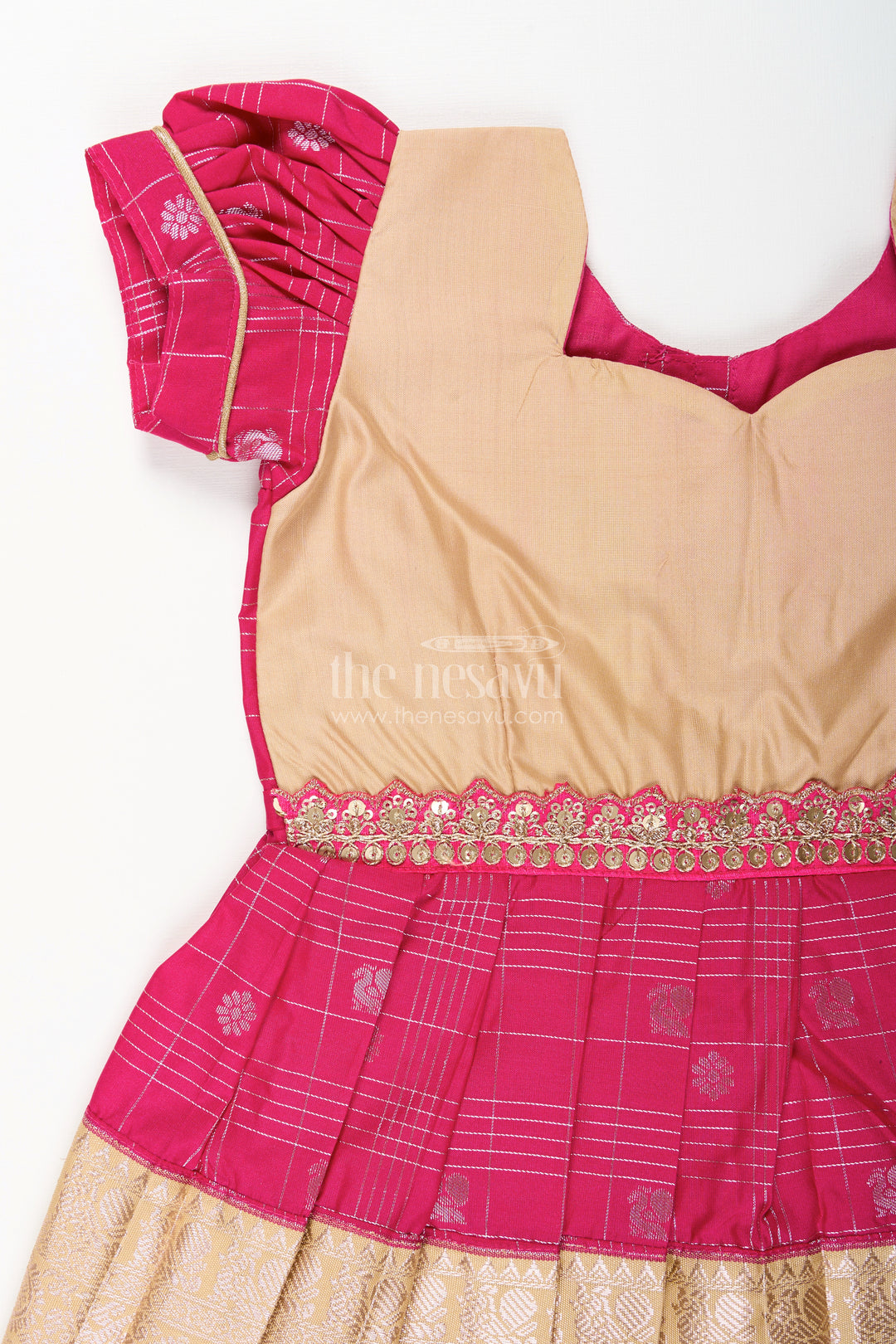 Girls Indian Frock in Semi Kanchivaram Silk with Thread Embroidery and Lace Embellished Dupatta