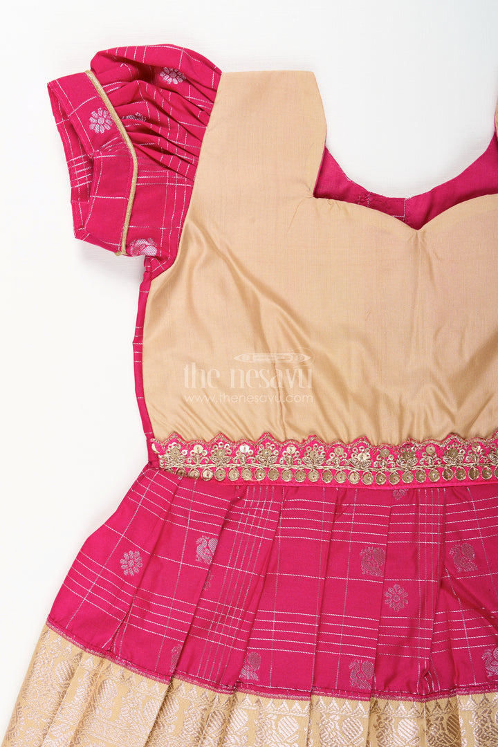 Girls Indian Frock in Semi Kanchivaram Silk with Thread Embroidery and Lace Embellished Dupatta