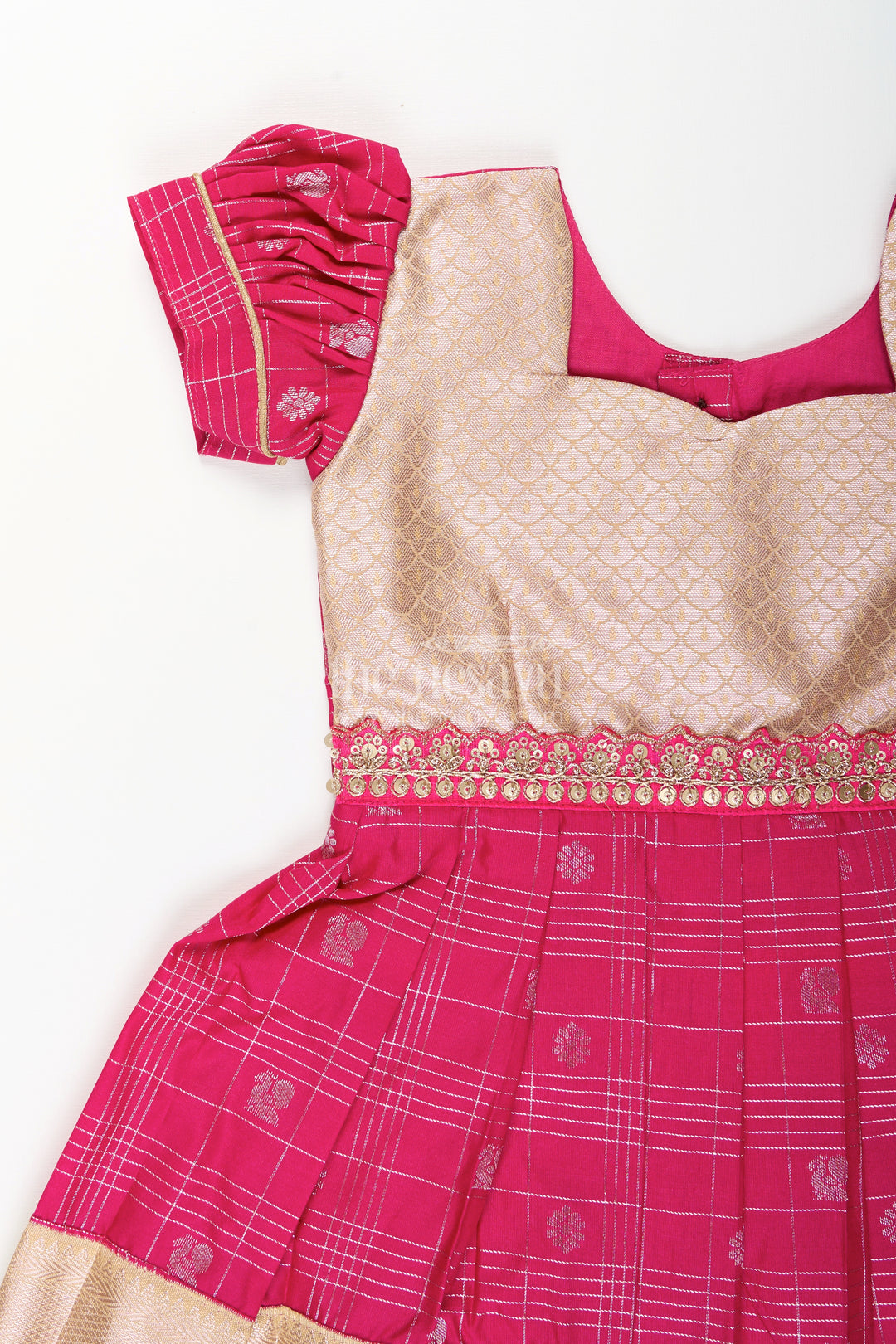 Girls Indian Frock in Semi Kanchivaram Silk with Thread Embroidery and Lace Embellished Dupatta