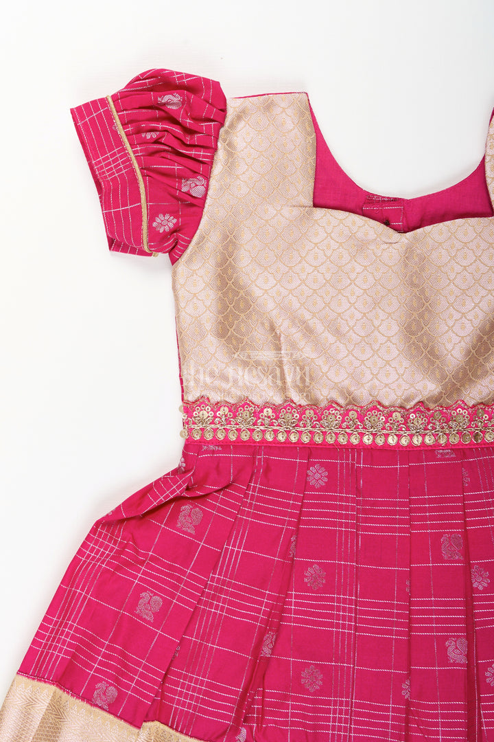 Girls Indian Frock in Semi Kanchivaram Silk with Thread Embroidery and Lace Embellished Dupatta