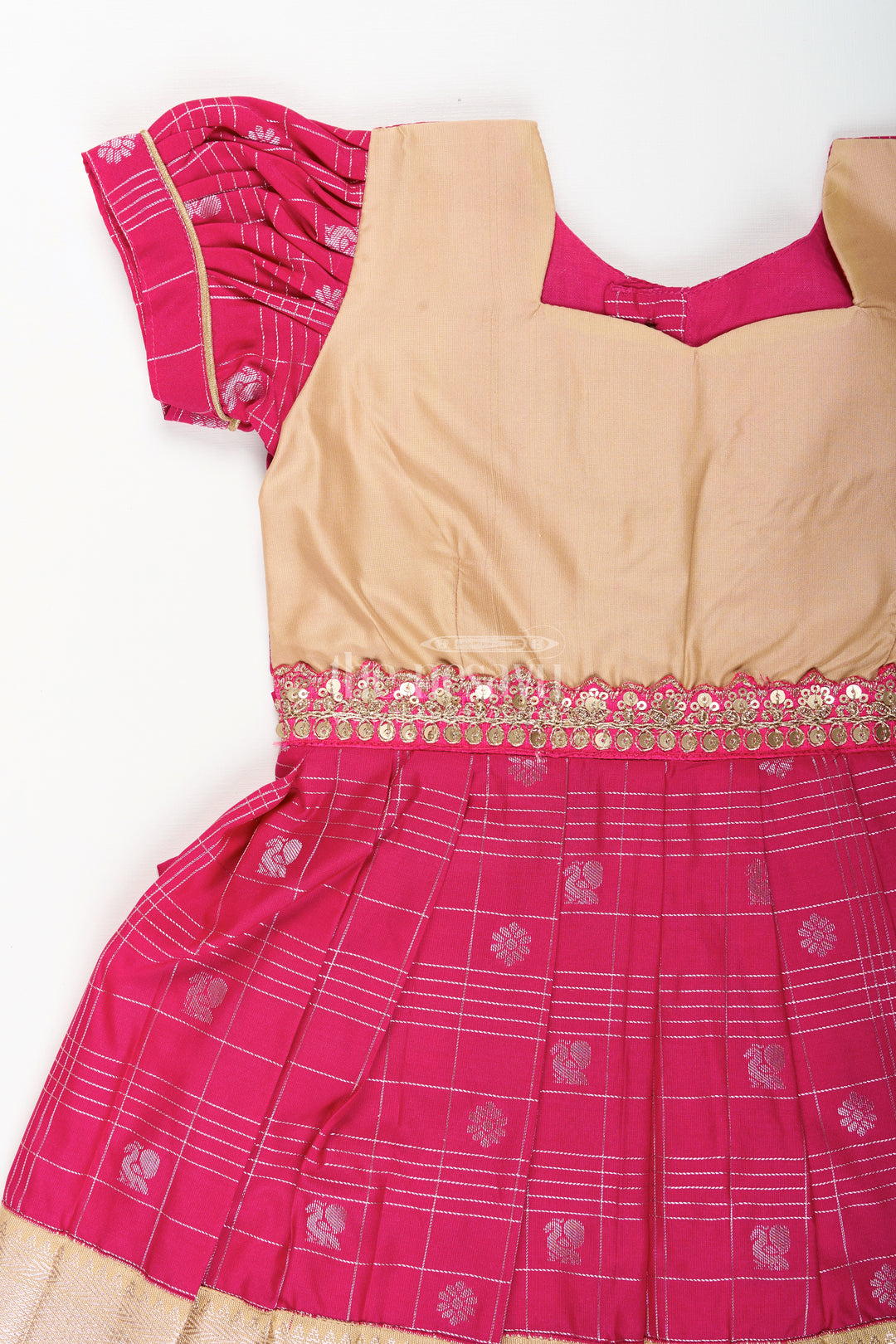 Girls Indian Frock in Semi Kanchivaram Silk with Thread Embroidery and Lace Embellished Dupatta