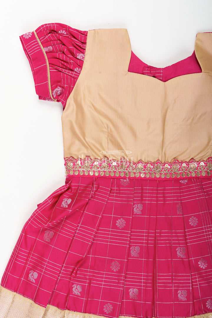 Girls Indian Frock in Semi Kanchivaram Silk with Thread Embroidery and Lace Embellished Dupatta