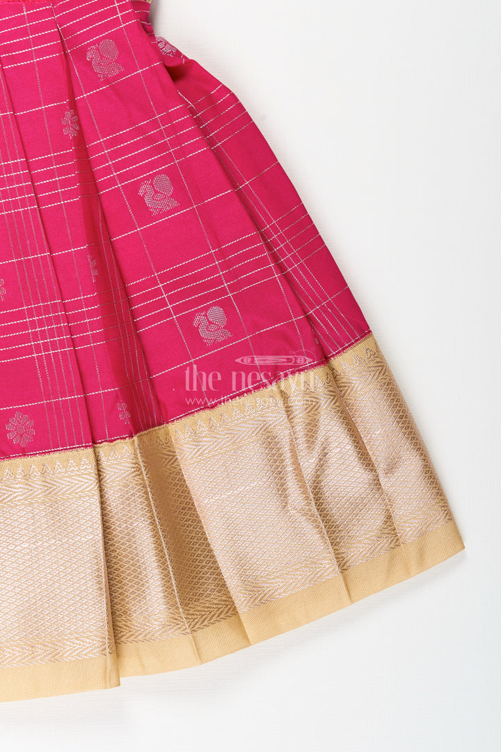Girls Indian Frock in Semi Kanchivaram Silk with Thread Embroidery and Lace Embellished Dupatta