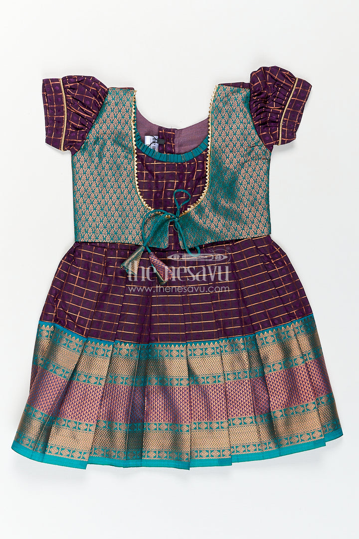 Girls Long Silk Frock Design in Semi Kanchivaram with Green Brocade Yoke and Purple Checked Pleated Skirt