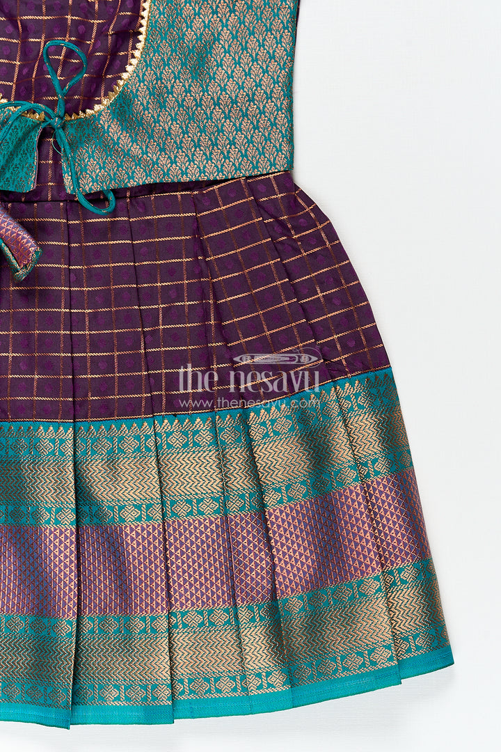 Girls Long Silk Frock Design in Semi Kanchivaram with Green Brocade Yoke and Purple Checked Pleated Skirt