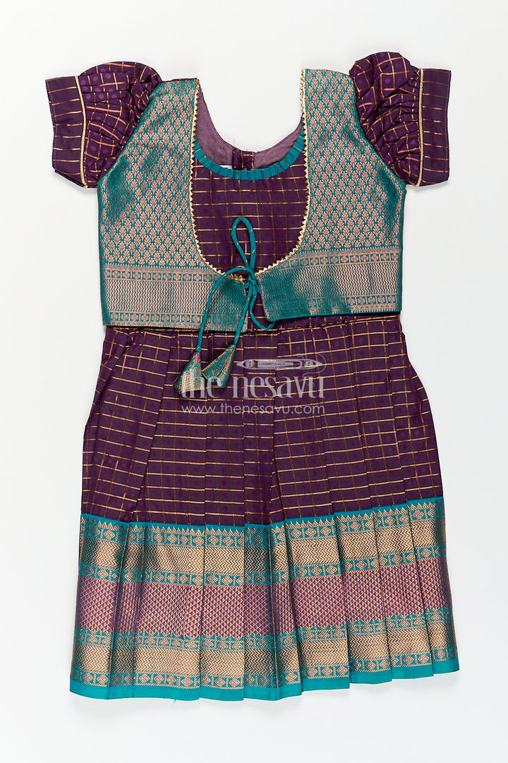 Girls Long Silk Frock Design in Semi Kanchivaram with Green Brocade Yoke and Purple Checked Pleated Skirt