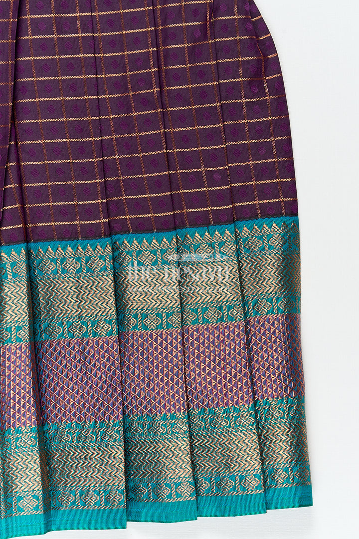 Girls Long Silk Frock Design in Semi Kanchivaram with Green Brocade Yoke and Purple Checked Pleated Skirt
