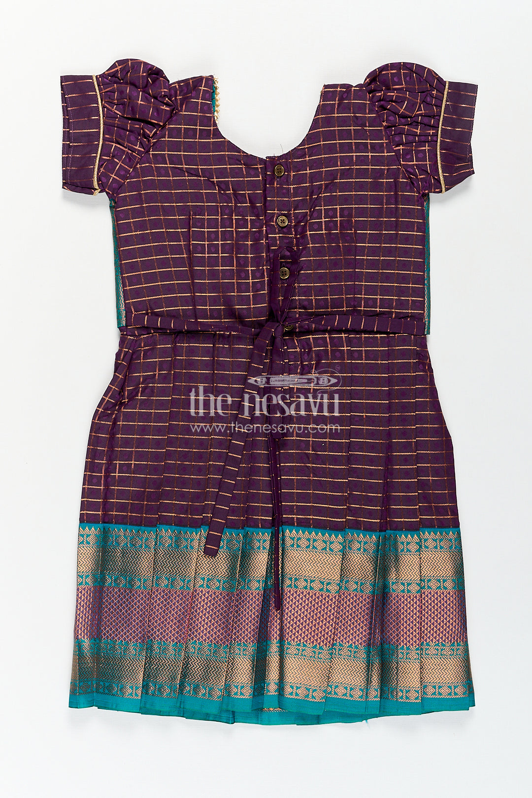 Girls Long Silk Frock Design in Semi Kanchivaram with Green Brocade Yoke and Purple Checked Pleated Skirt