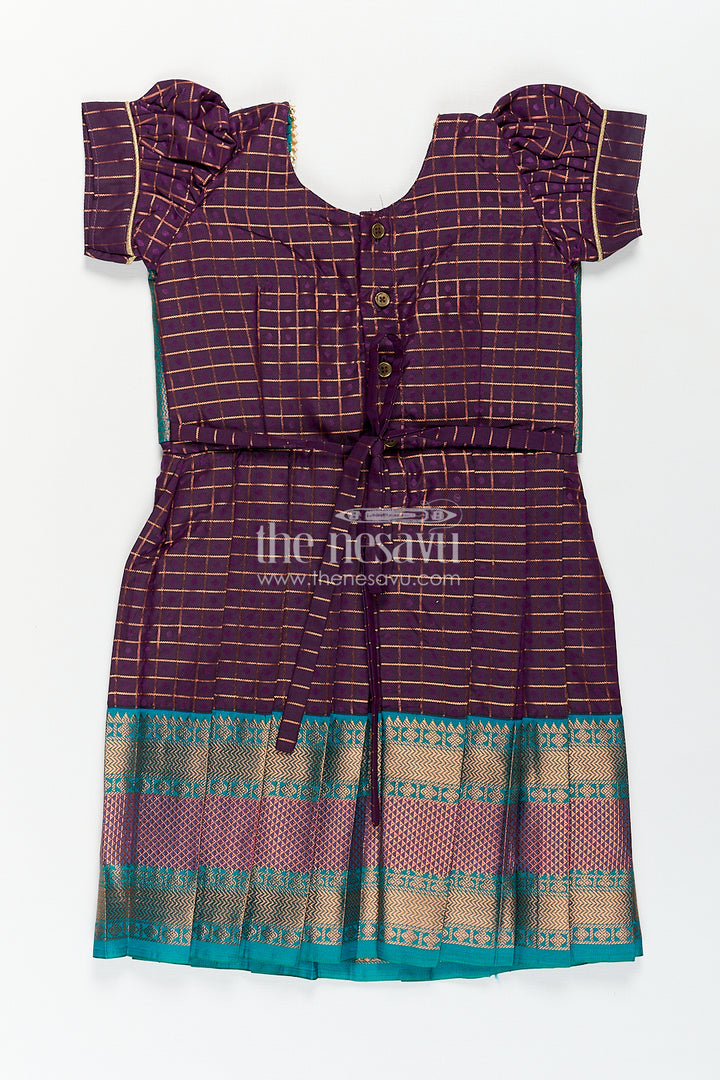 Girls Long Silk Frock Design in Semi Kanchivaram with Green Brocade Yoke and Purple Checked Pleated Skirt
