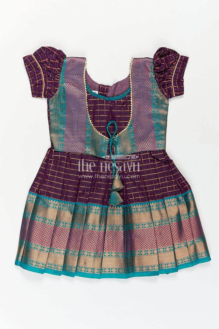 Girls Long Silk Frock Design in Semi Kanchivaram with Green Brocade Yoke and Purple Checked Pleated Skirt