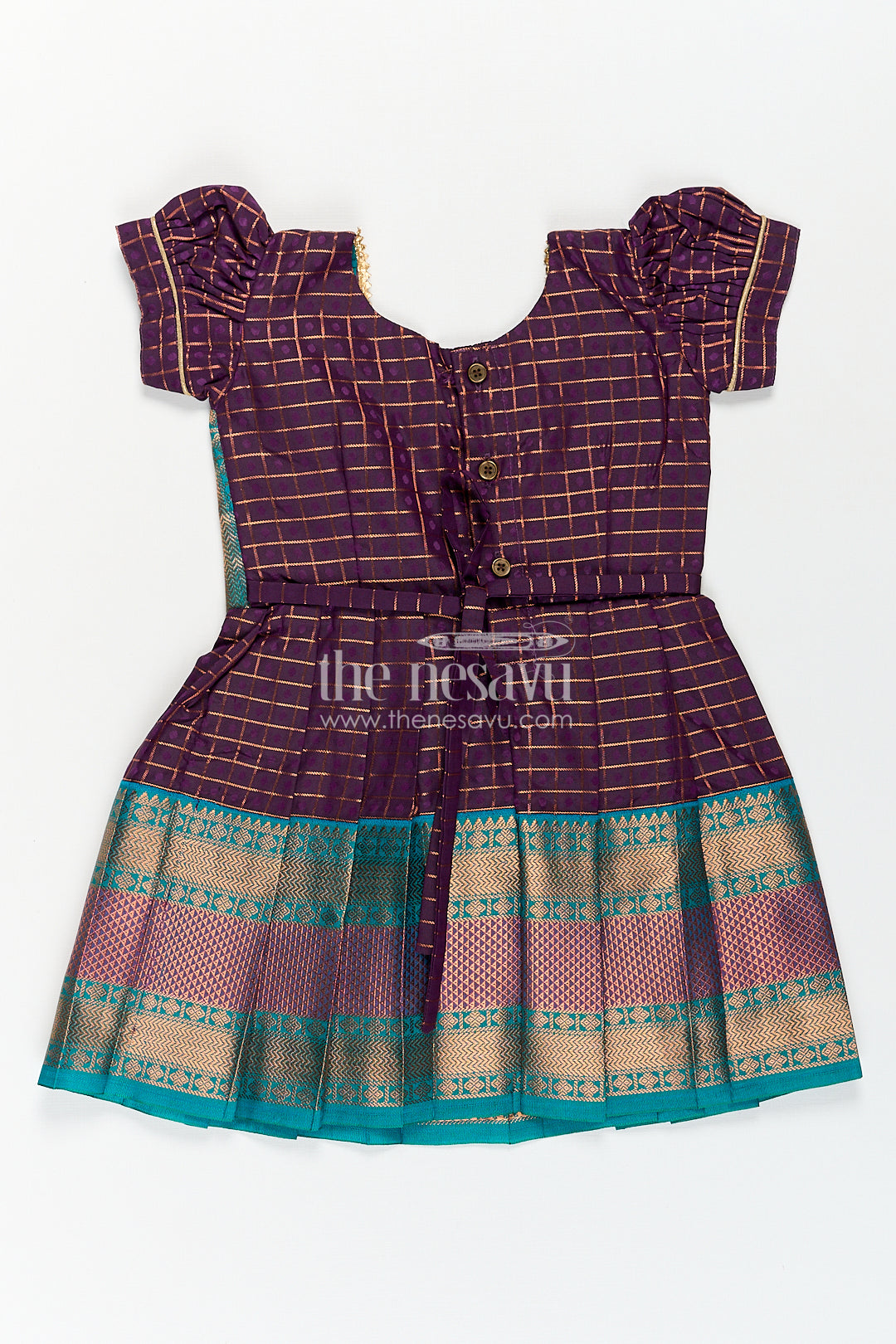 Girls Long Silk Frock Design in Semi Kanchivaram with Green Brocade Yoke and Purple Checked Pleated Skirt