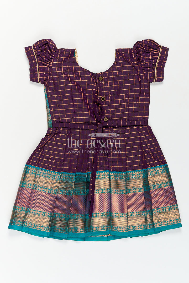 Girls Long Silk Frock Design in Semi Kanchivaram with Green Brocade Yoke and Purple Checked Pleated Skirt