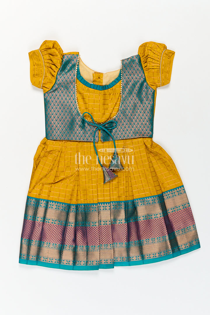 Girls Kanchivaram Ethnic Frocks in Mustard Yellow with Green Zari Overlay and Traditional Border Accents