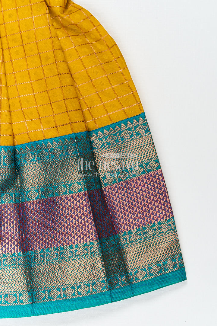 Girls Kanchivaram Ethnic Frocks in Mustard Yellow with Green Zari Overlay and Traditional Border Accents