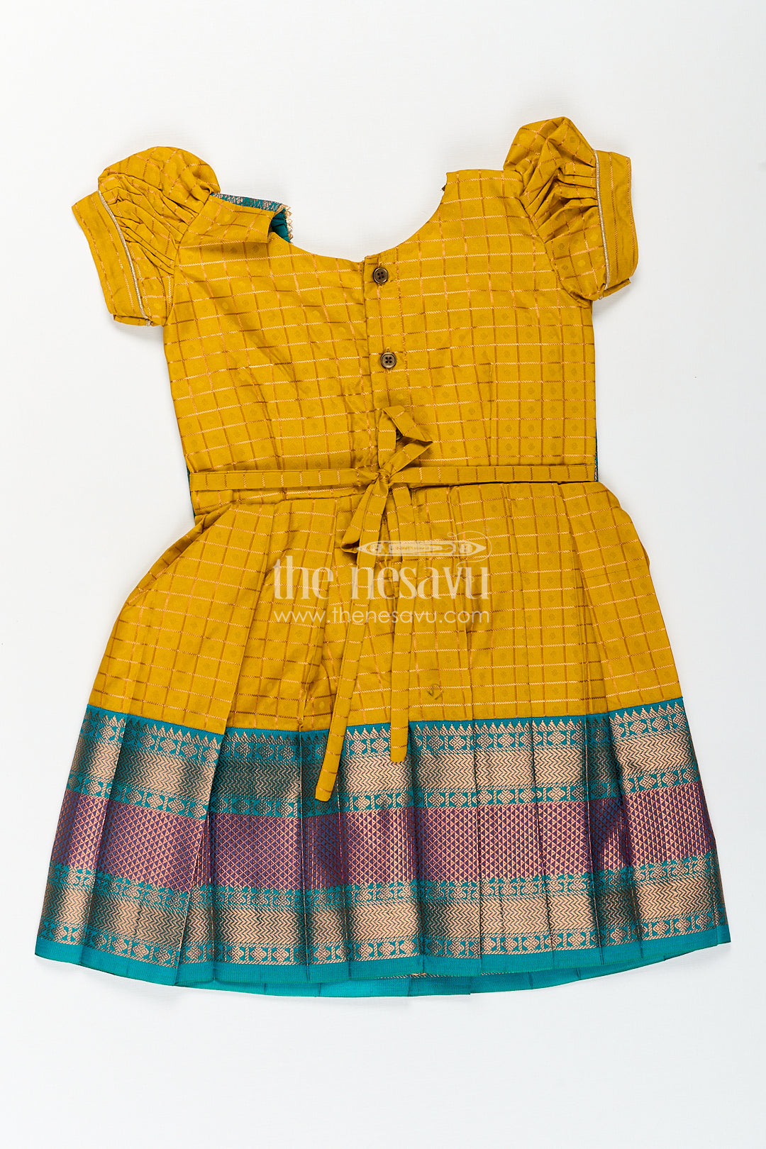 Girls Kanchivaram Ethnic Frocks in Mustard Yellow with Green Zari Overlay and Traditional Border Accents