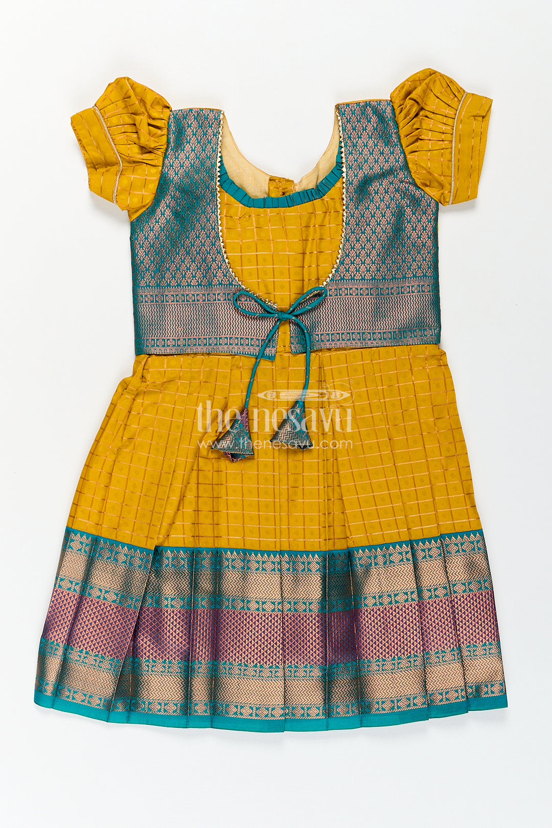 Girls Kanchivaram Ethnic Frocks in Mustard Yellow with Green Zari Overlay and Traditional Border Accents