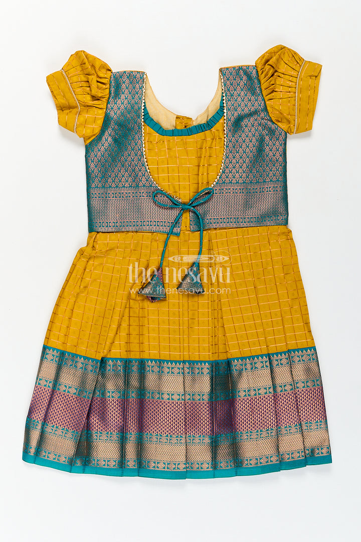 Girls Kanchivaram Ethnic Frocks in Mustard Yellow with Green Zari Overlay and Traditional Border Accents