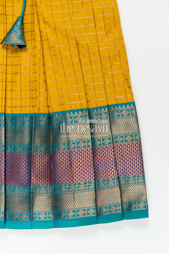 Girls Kanchivaram Ethnic Frocks in Mustard Yellow with Green Zari Overlay and Traditional Border Accents