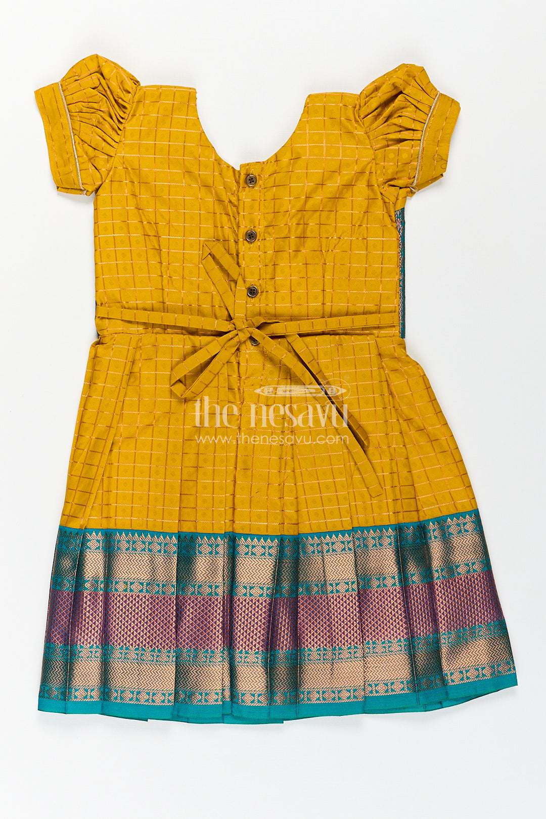 Girls Kanchivaram Ethnic Frocks in Mustard Yellow with Green Zari Overlay and Traditional Border Accents