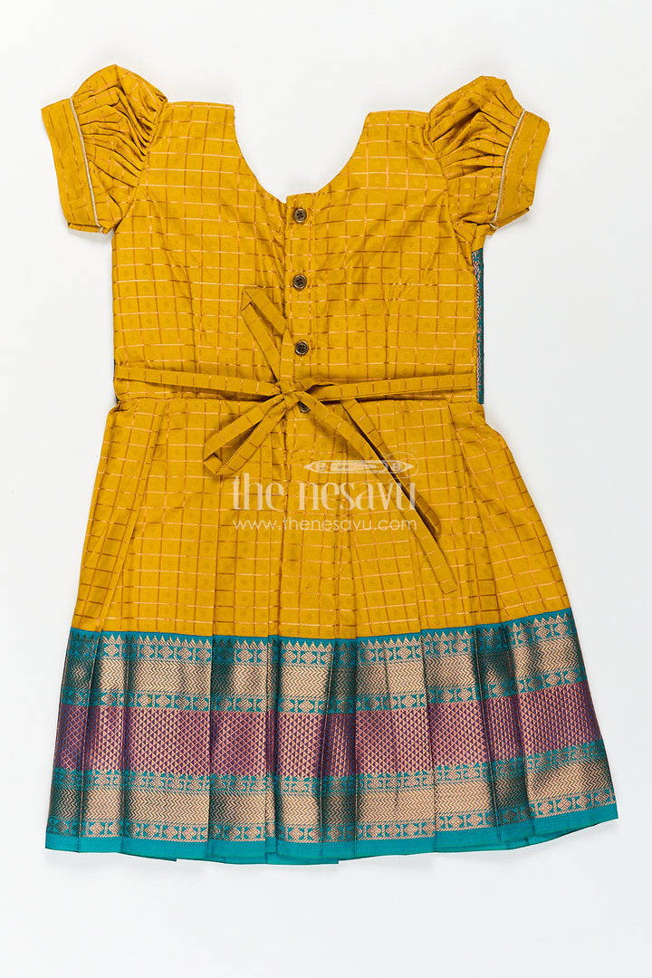Girls Kanchivaram Ethnic Frocks in Mustard Yellow with Green Zari Overlay and Traditional Border Accents
