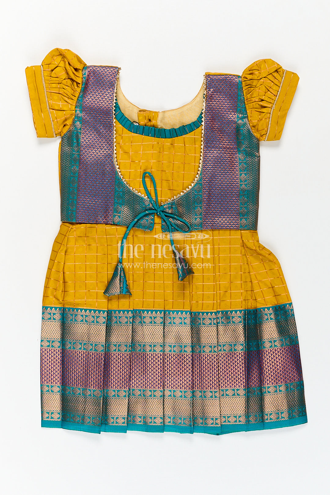 Girls Kanchivaram Ethnic Frocks in Mustard Yellow with Green Zari Overlay and Traditional Border Accents