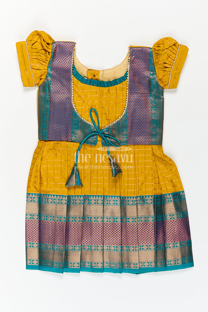 Girls Kanchivaram Ethnic Frocks in Mustard Yellow with Green Zari Overlay and Traditional Border Accents