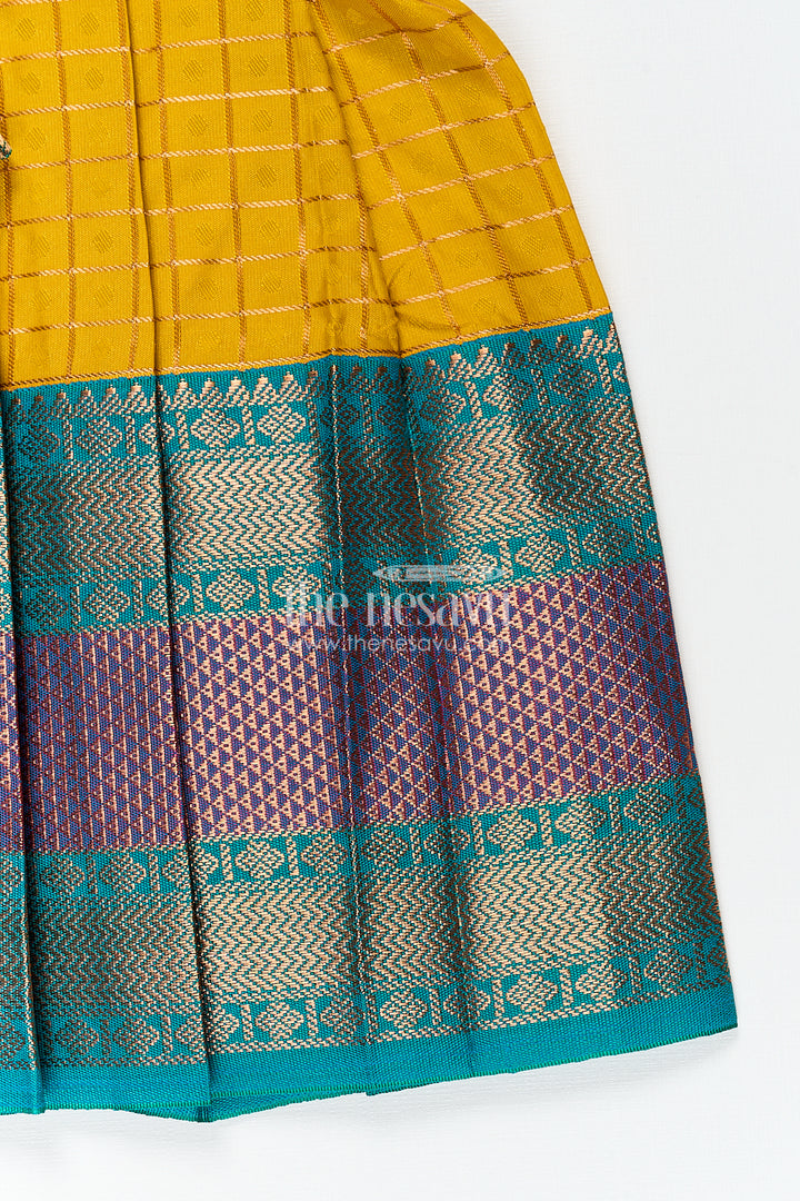 Girls Kanchivaram Ethnic Frocks in Mustard Yellow with Green Zari Overlay and Traditional Border Accents