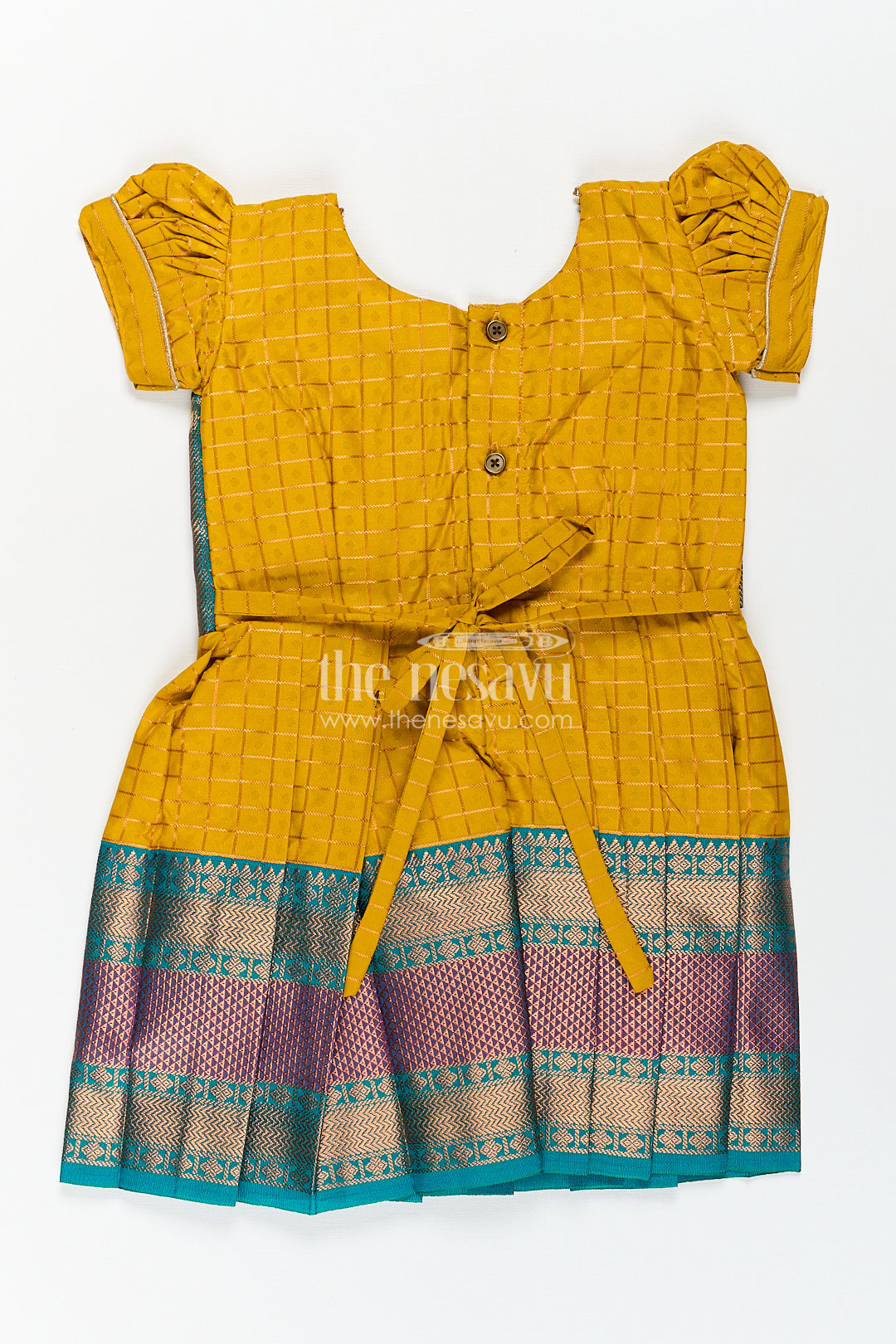 Girls Kanchivaram Ethnic Frocks in Mustard Yellow with Green Zari Overlay and Traditional Border Accents